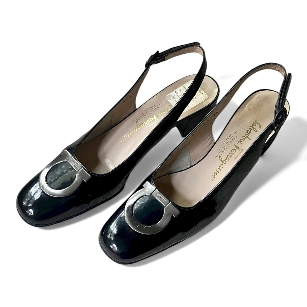 SALVATORE FERRAGAMO Black Patent Leather Vintage Slingback Shoes Heels, sz 7.5 A